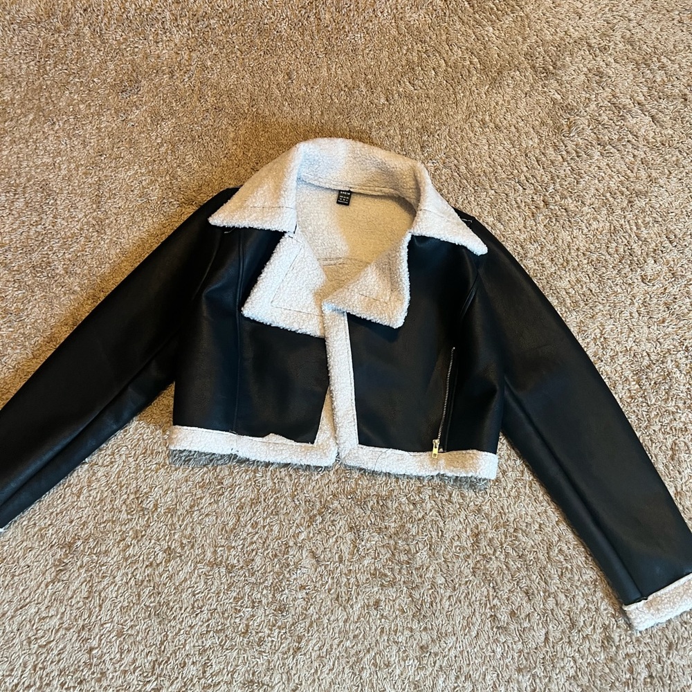 Black and White Cropped Leather Jacket with Tuxedo Collar